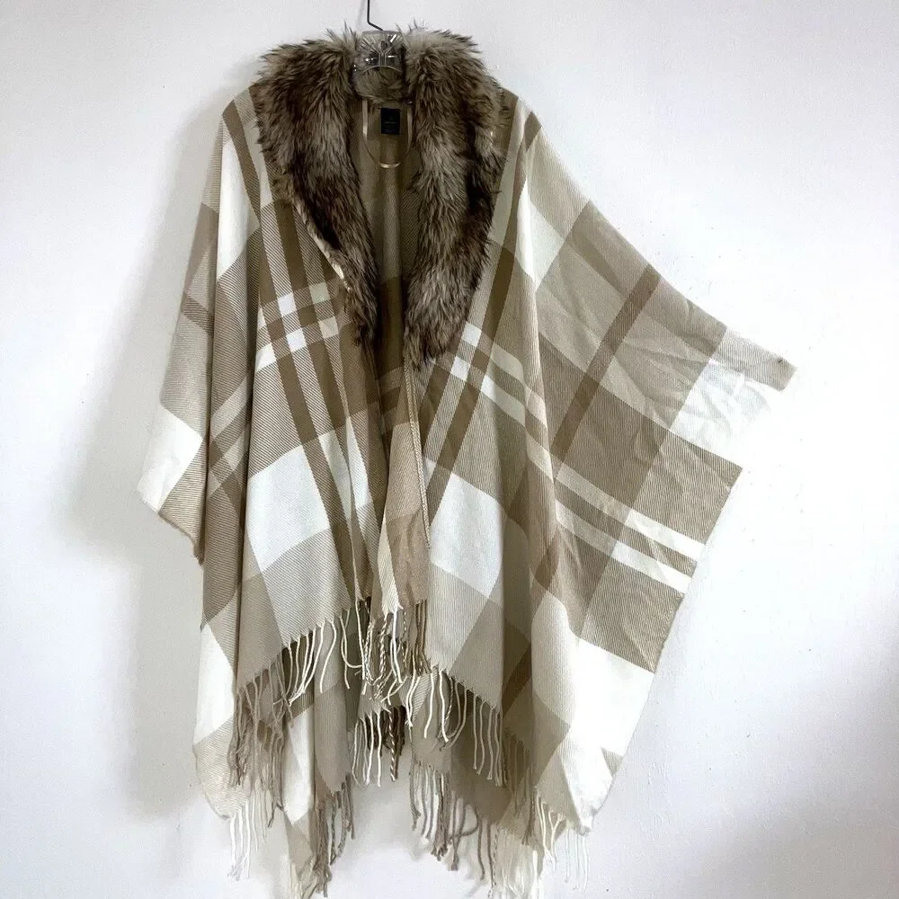 MIXIT One Size Faux Fur Collar Shawl Wrap Cape Poncho Neutral Cozy Fringe OSFM